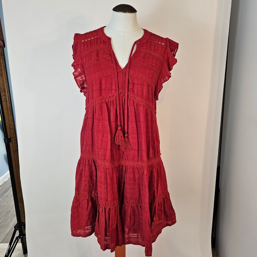 Knox Rose Red Tiered Dress XS Tassel Tie Neck Flutter Sleeve Crochet Trim